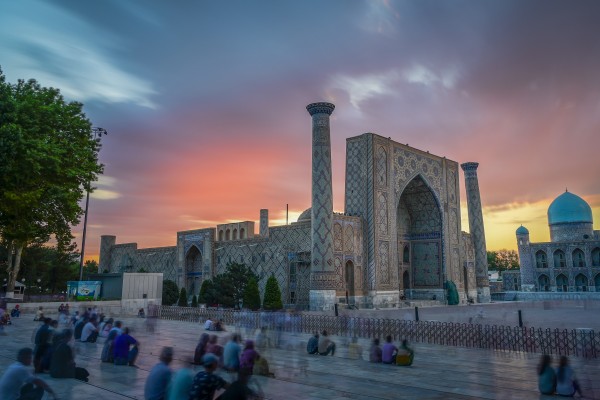 Registan Square in Samarkand at sunset